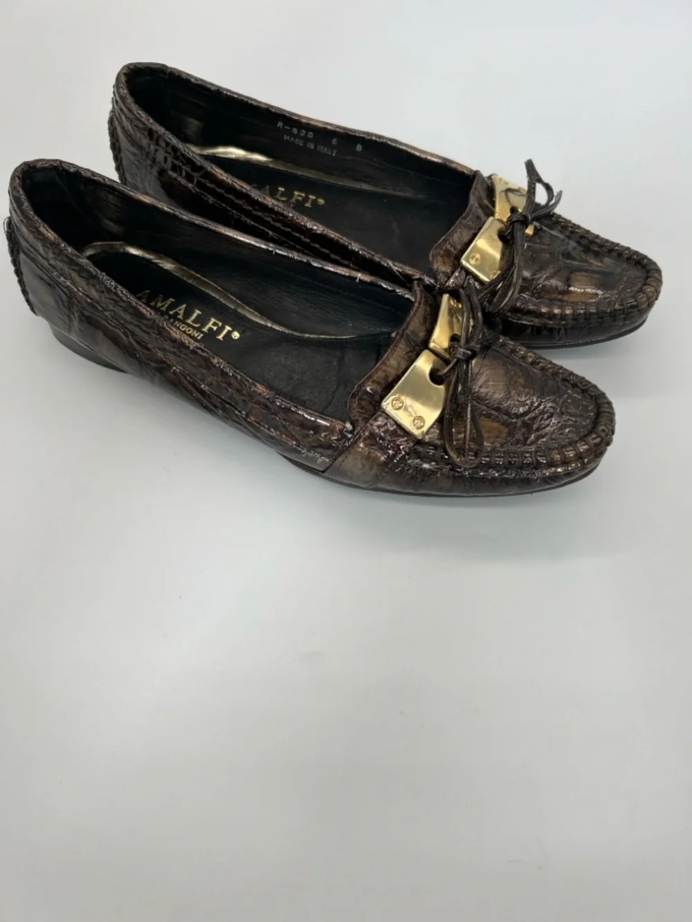 Amalfi Dark Brown Croc-Embossed Leather Loafers with Gold Accent